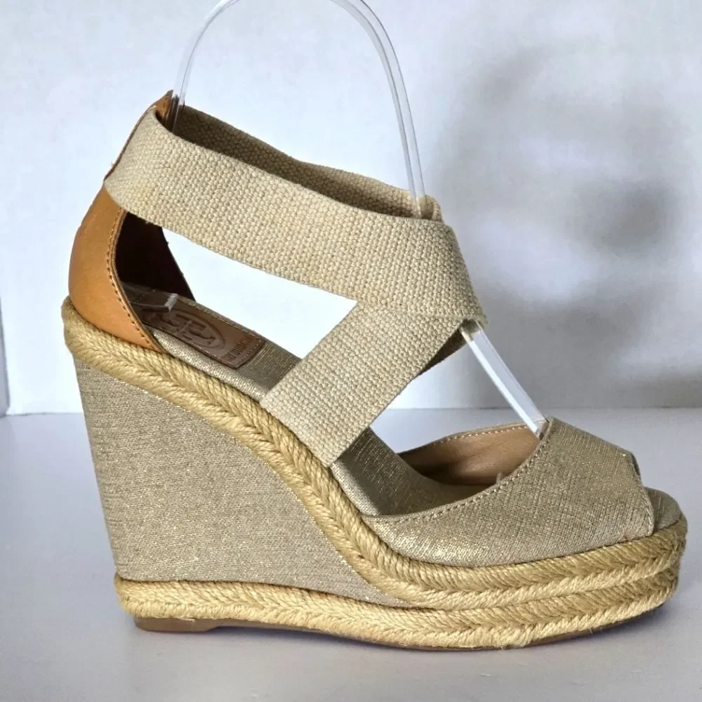 Tory Burch Kate Linen Espadrille Natural Gold Wedge Size 6